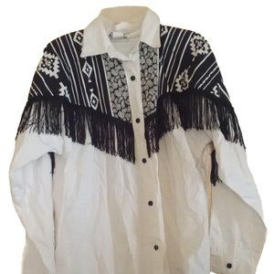 Sassa Rodeo Western White Black Fringed Button Down Shirt Sz Medium USA